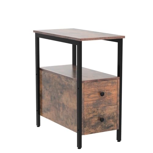 Set of 2 Narrow Nightstand End Tables for Small Spaces, Living Room, Bedroom - Rustic Brown and Black