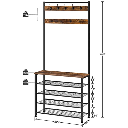 Hall Tree and Shoe Rack with Bench for Entryway or Closet