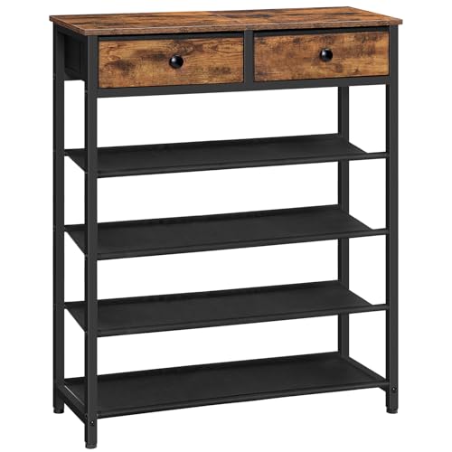 5 Tier Shoe Rack with Drawers for Entryway, Rustic Brown - Shoe Organizer for 16-20 Pairs