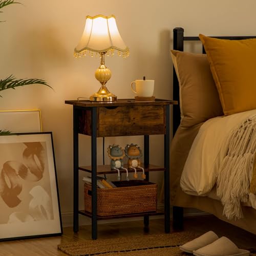 Narrow End Table with Charging Station and USB Ports for Small Spaces - Rustic Brown