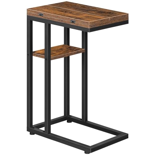 Rustic Brown Foldable C-Shaped End Table with Storage