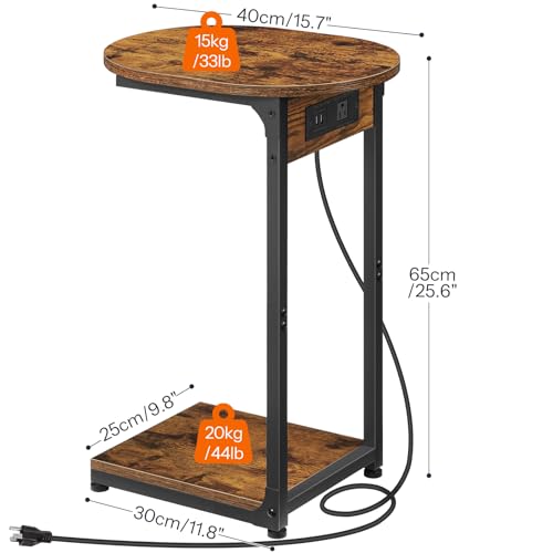 C Shaped End Table with Charging Station for Small Spaces - Rustic Brown and Black