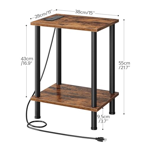 Rustic Brown Side Table with Charging Station and Storage for Small Spaces