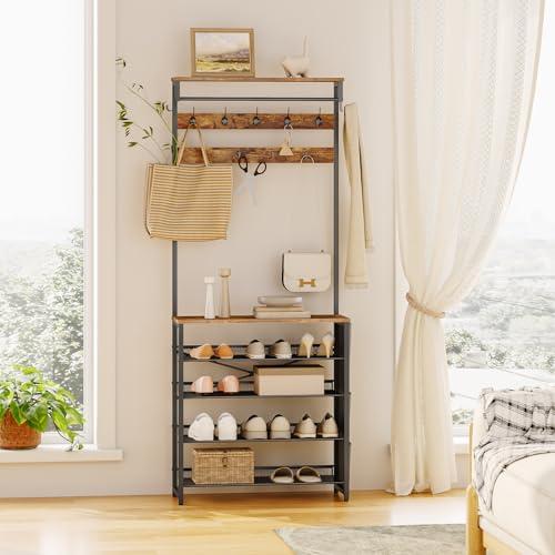 Entryway Coat and Shoe Rack with Bench and Storage Organizer