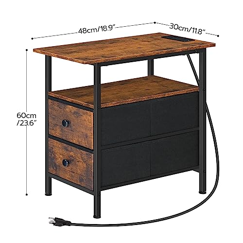 End Table with Charging Station for Small Spaces, Living Room, Bedroom - Rustic Brown & Black