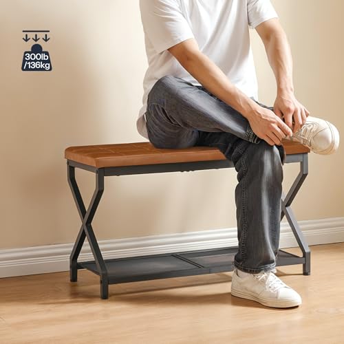 Shoe Bench with Leather Cushion for Front Door Entrance and Living Room