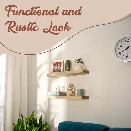 Natural Pine Wooden Floating Shelves Set for Walls; No Drill Wall Mounted Shelf; Living Room, Bathroom, Kitchen, Bedroom Bookshelf; DIY-Natural, 24 inch