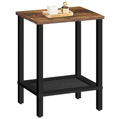 Small Rustic Brown and Black End Table with 2-Tier Shelves for Living Room