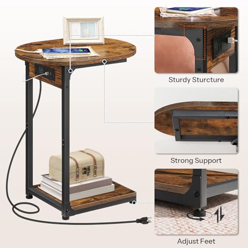 Rustic Brown & Black C-Shaped Charging End Table - Small Spaces