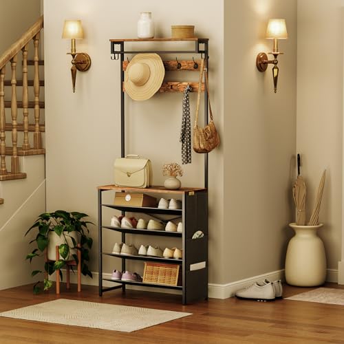 Entryway Coat and Shoe Rack with Bench and Storage Organizer