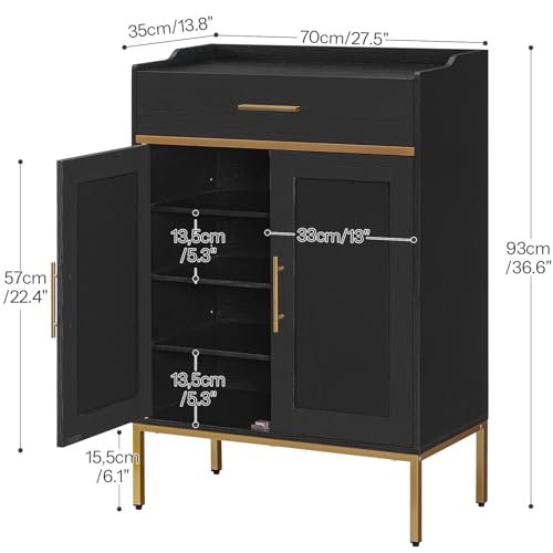 Narrow Shoe Storage Cabinet for Entryway, Gold and Black with Adjustable Shelves
