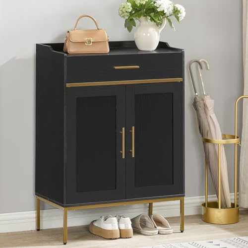 Narrow Shoe Storage Cabinet for Entryway, Gold and Black with Adjustable Shelves