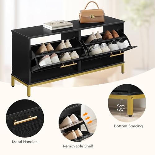 Black and Gold Entryway Shoe Storage Bench with Drawers