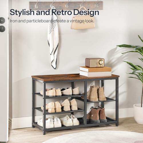 5 Tier Shoe Bench for Entryway, Bedroom, Living Room - Rustic Brown and Black