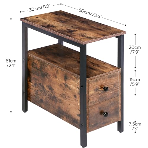 Set of 2 Narrow Nightstand End Tables for Small Spaces, Living Room, Bedroom - Rustic Brown and Black