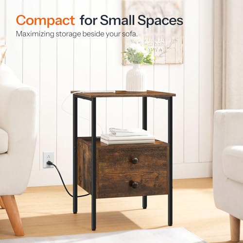 Rustic Brown Bedside Table with Charging Station for Small Spaces