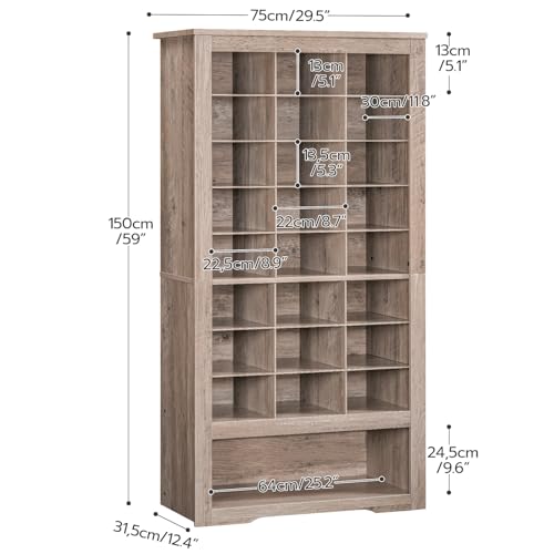Tall Wooden Shoe Cabinet Organizer with 24 Cubbies and 3 Hooks for Entryway and Closet