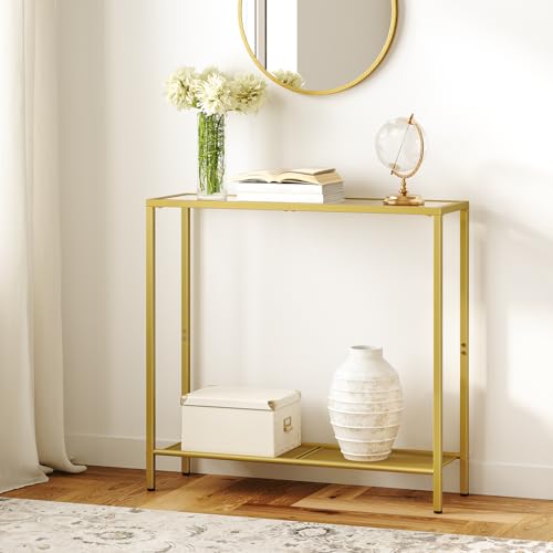 Gold 2-Tier Glass Console Table for Entryway and Living Room