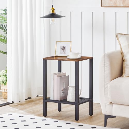 Small Rustic Brown and Black End Table with 2-Tier Shelves for Living Room