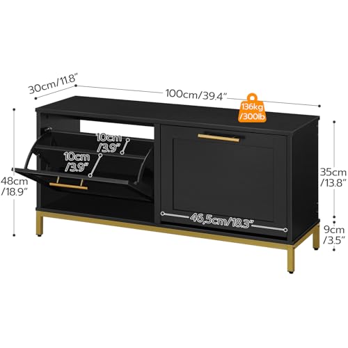 Shoe Storage Bench with Drawers for Entryway - Black and Gold