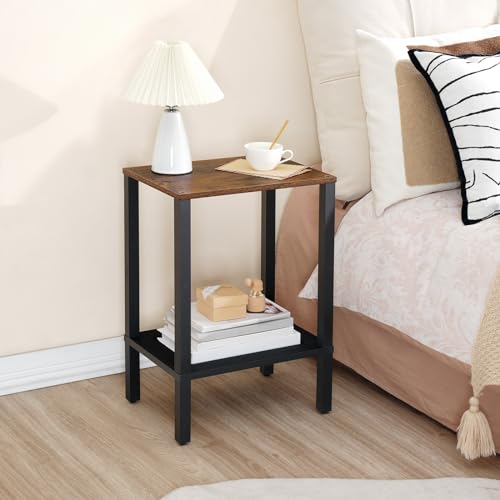 Small Rustic Brown and Black End Table with 2-Tier Shelves for Living Room