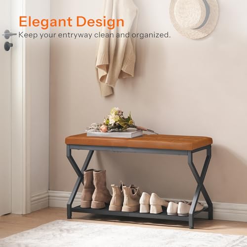 Shoe Bench with Leather Cushion for Front Door Entrance and Living Room