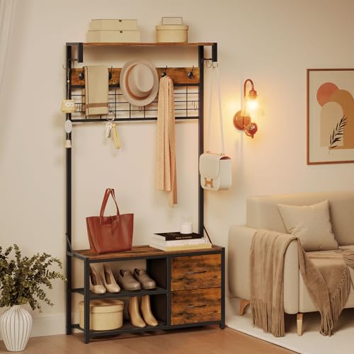 Rustic Coat and Shoe Rack with Bench and Drawers for Entryway