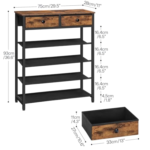 5 Tier Shoe Rack with Drawers for Entryway, Rustic Brown - Shoe Organizer for 16-20 Pairs