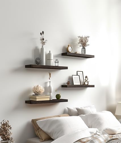 Brown Wooden Wall Shelves for Bedroom, Set of 6, 17"