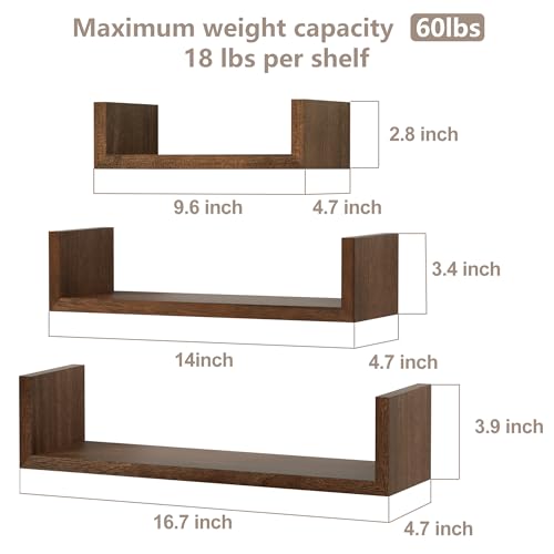 Floating Wood Wall Shelves Set of 3, Dark Brown - for SRIWATANA