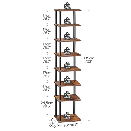 Vertical 8-Tier Shoe Rack for Small Spaces, Rustic Brown and Black - Ideal for Closet, Entryway, Hallway, Bedroom