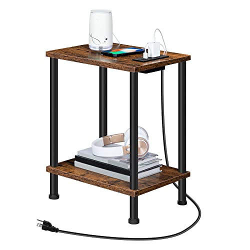 Rustic Brown Charging Side Table with Storage Shelves