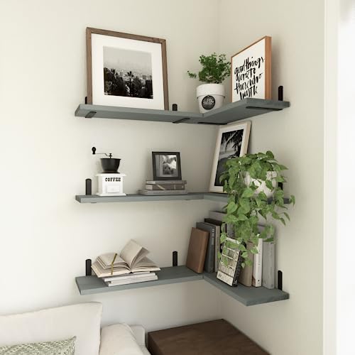 Rustic Farmhouse Wood Floating Shelves Set of 6 for Bathroom and Living Room - Grey