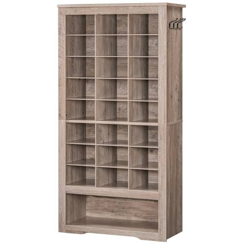 Tall Wooden Shoe Cabinet Organizer with 24 Cubbies and 3 Hooks for Entryway and Closet