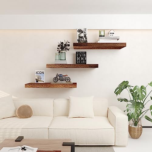 RusticWood Floating Shelves, Set of 3, Dark Walnut, 17" - Bathroom, Bedroom, Living Room