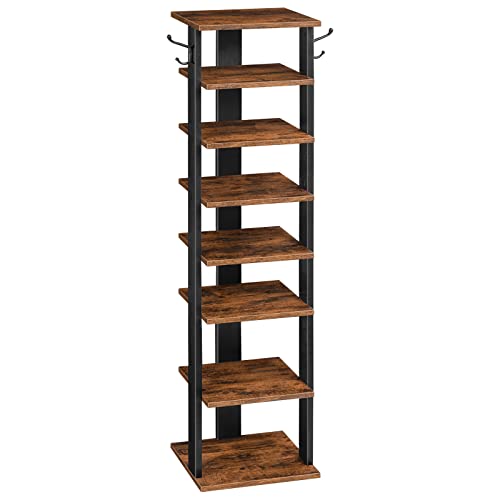 8-Tier Vertical Wooden Shoe Rack with Hooks for Entryway, Living Room, Bedroom (Rustic Brown)