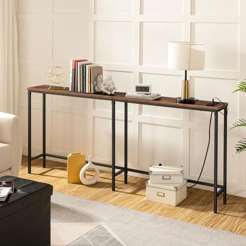 Rustic Brown Console Table with Power Outlets for Living Room