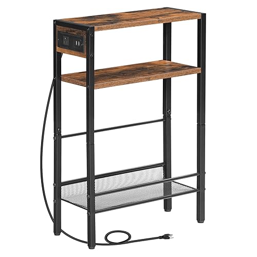 Small End Table with Charging Station and USB Ports for Small Spaces, Rustic Brown and Black