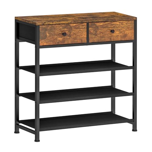 4 Tier Metal Shoe Rack Organizer with Drawers, 9-12 Pairs, Closet Entryway Stand - Rustic Brown