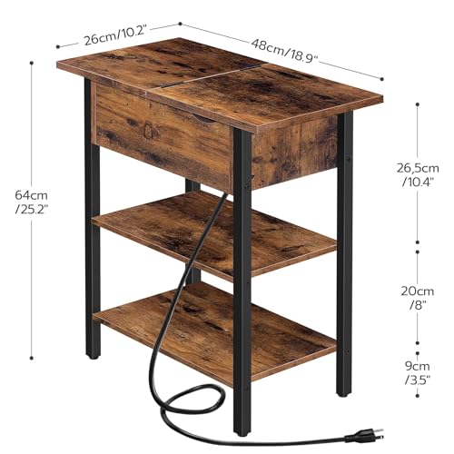 Narrow End Table with Charging Station and USB Ports for Small Spaces - Rustic Brown