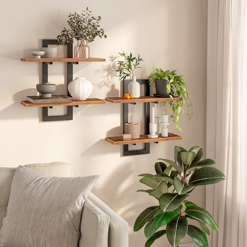 Floating Shelves Set of 2 for Bathroom, Bedroom, Kitchen - Rustic Brown and Black