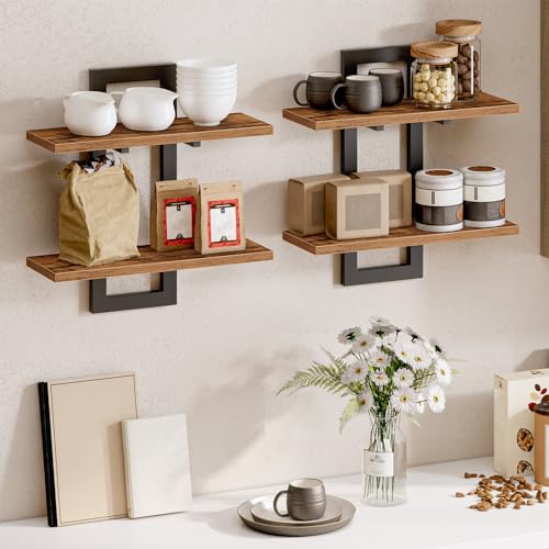Floating Shelves Set of 2 for Bathroom, Bedroom, Kitchen - Rustic Brown and Black