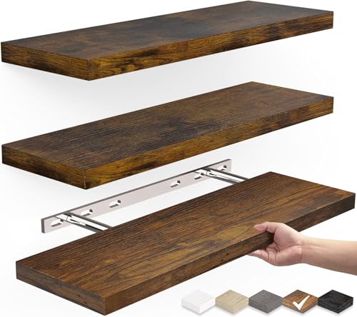 Floating Wood Shelves for Bathroom, Bedroom, Living Room, and Kitchen - Set of 3
