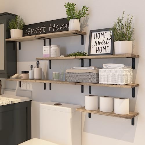 Rustic Floating Shelf Set of 8 for Bedroom, Bathroom, Living Room - Carbonized Black