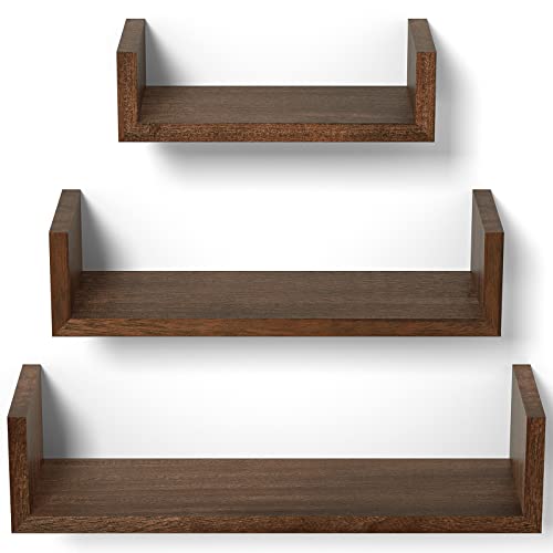 SRIWATANA Dark Brown Floating Wood Wall Shelves Set of 3