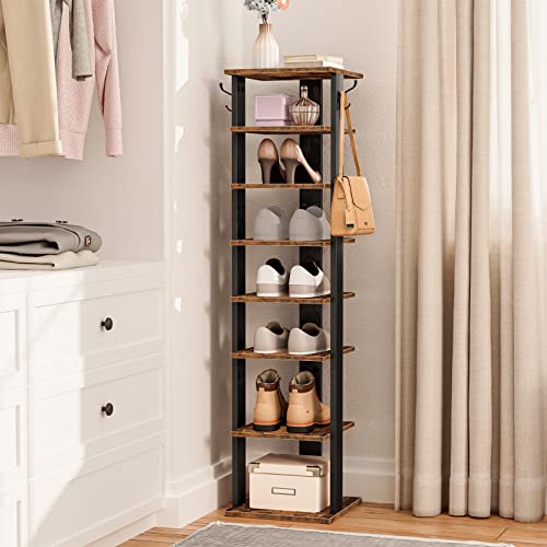 8-Tier Vertical Wooden Shoe Rack with Hooks for Entryway, Living Room, Bedroom (Rustic Brown)