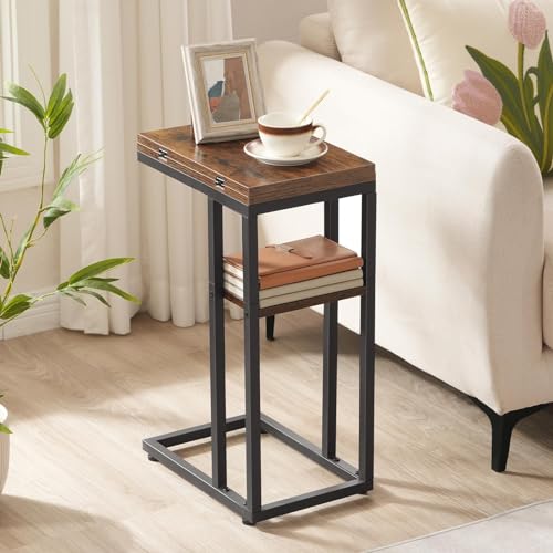 Foldable C Shaped End Table with Storage Shelf for Small Spaces, Easy Assembly - Rustic Brown