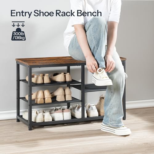 5 Tier Shoe Bench for Entryway, Bedroom, Living Room - Rustic Brown and Black
