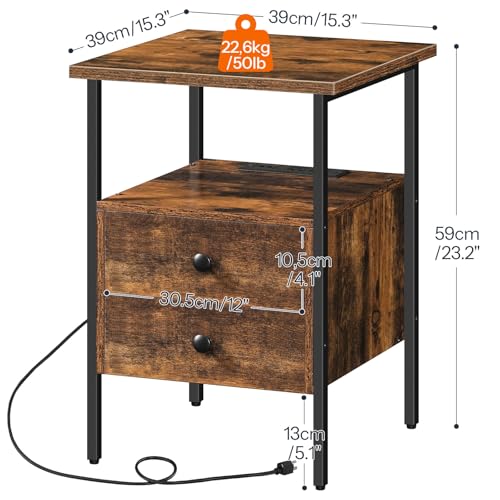 Rustic Brown Bedside End Table with Charging Station and USB Ports for Small Spaces