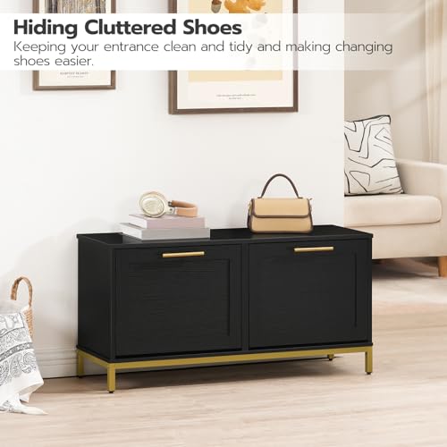 Shoe Storage Bench with Drawers for Entryway - Black and Gold